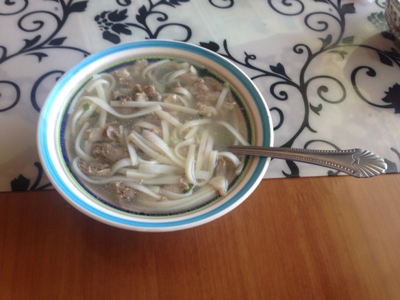 Typical bowl of Mongolian soup. Ingredients include noodles, meat, onions, fat, and a bit of seasoning.